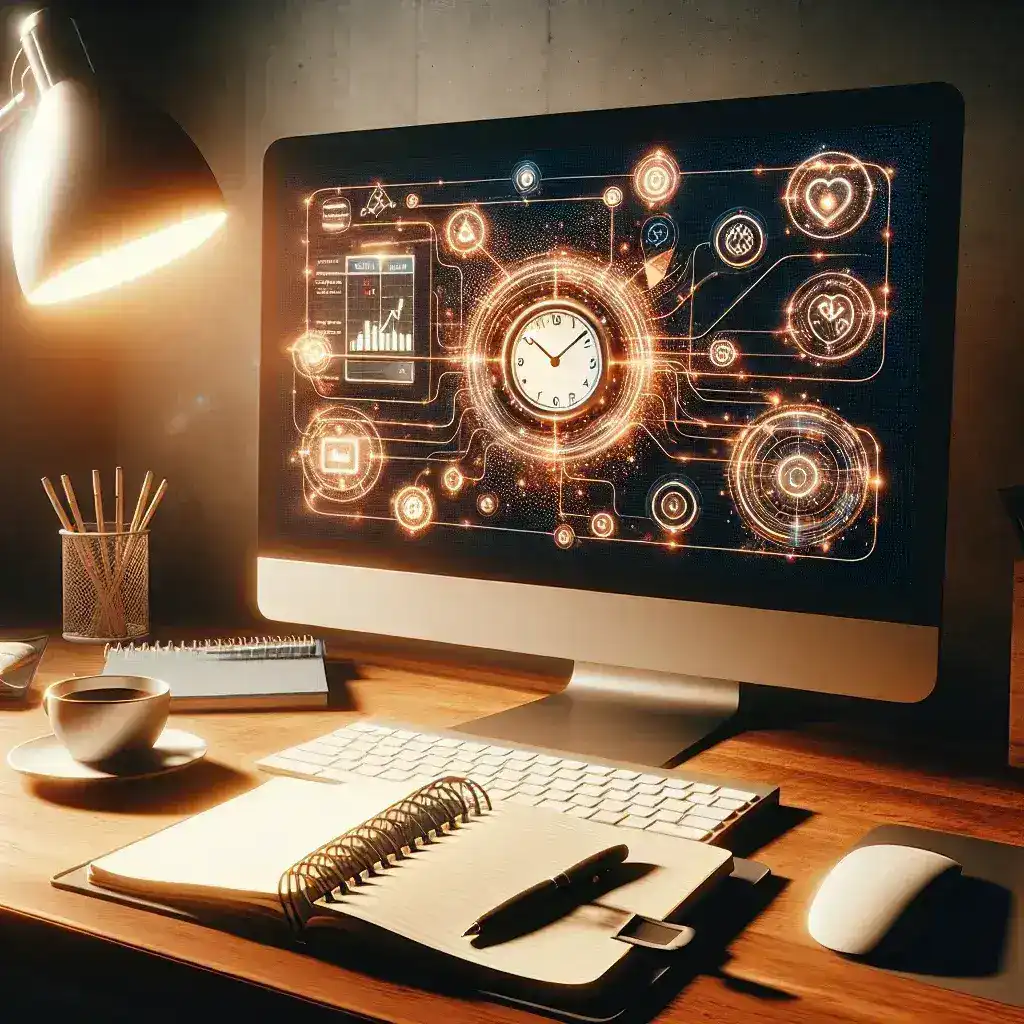 "Person using time tracking software on a laptop to manage work hours efficiently in a home office setting"