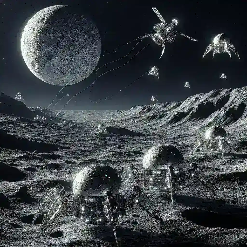 "Robotic swarms equipped with AI technology navigating and mapping lunar lava tubes on the Moon's surface, illustrating advanced space exploration and robotics."